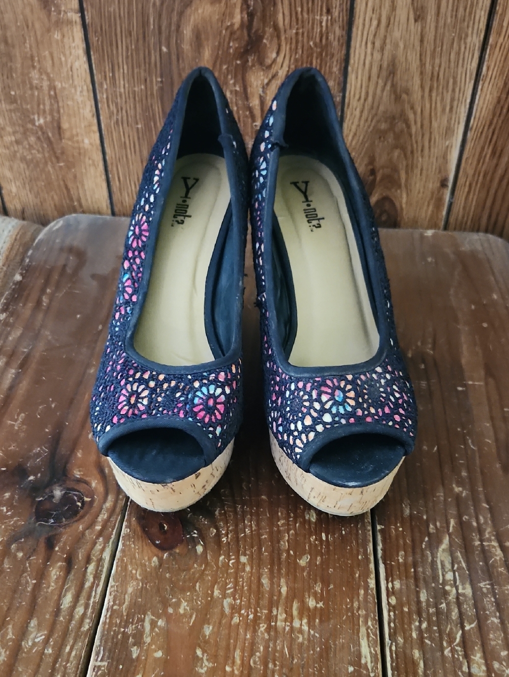 Women's Navy Floral Peep-Toe Wedge Heels